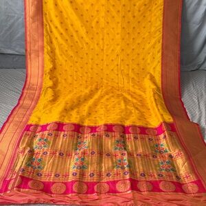 9 yards Vibrant Yellow and Red Embroidered Yeola Paithani Nauvvari sari